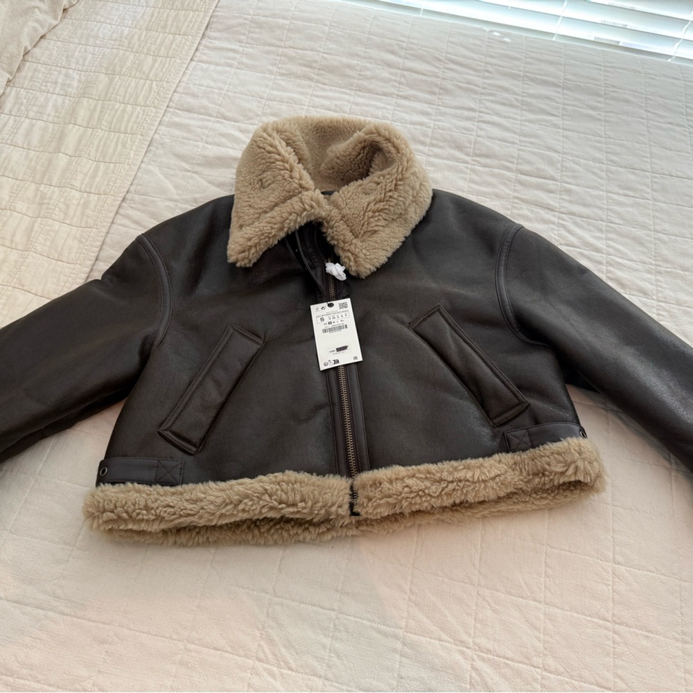 Brown Shearling Jacket with Tan Trim